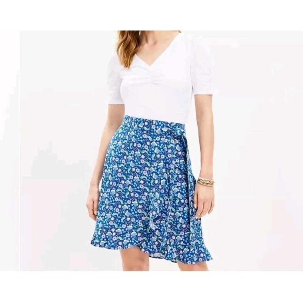 Linen LOFT Sz 14 Front Wrap Skirt Floral Blue Purple Green White NWT Cottagecore